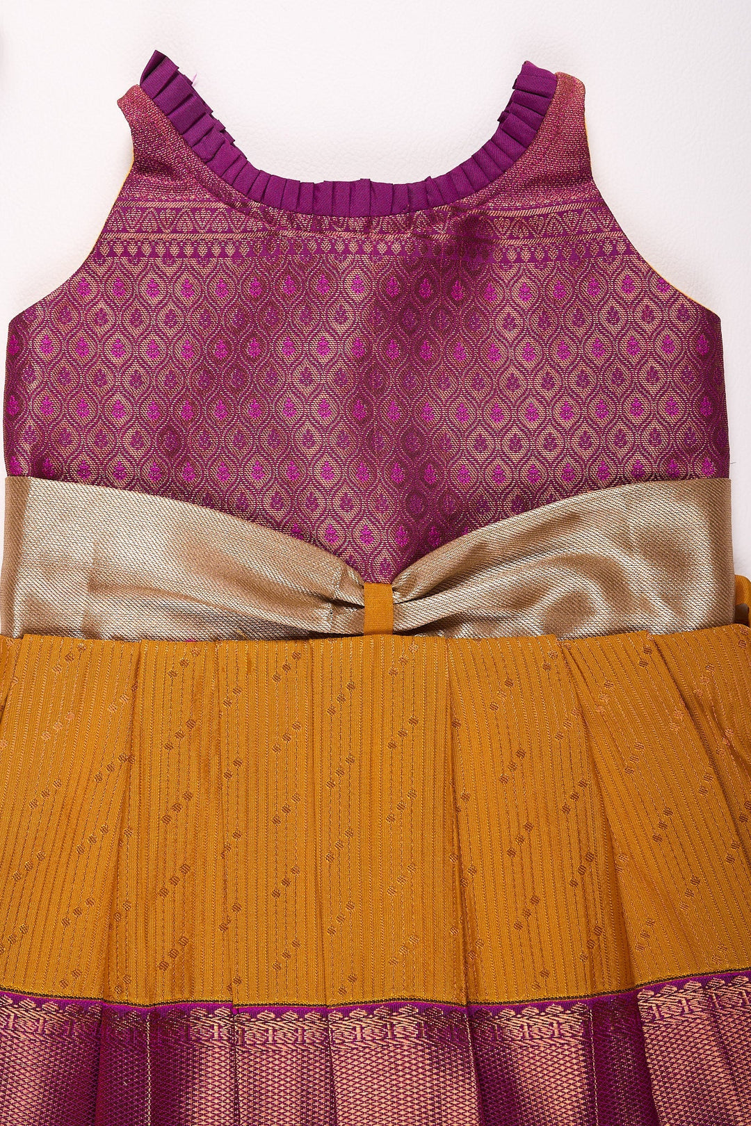 The Nesavu Girls Kanchi Silk Frock Nesavu Kanchi Pattu Silk Blend Frock for Girls Muhurtham Special Saree-Inspired Dress Nesavu Nesavu Muhurtham Special Kanchi Pattu Silk Blend Frock for Girls | Saree-Inspired Dress