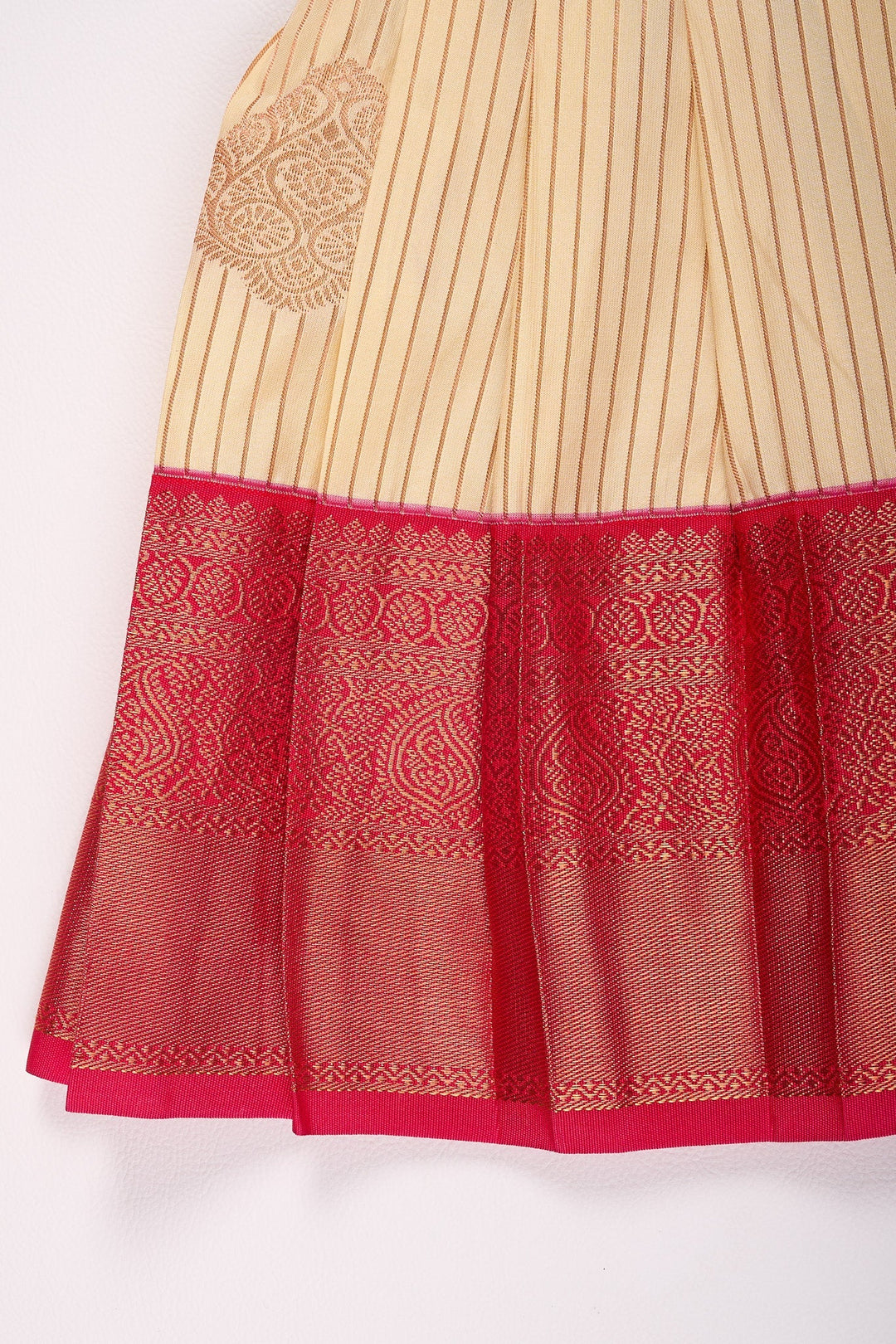 The Nesavu Girls Kanchi Silk Frock Nesavu Kanchi Pattu Silk Blend Frock for Girls Pink and Cream Wedding Party Wear Nesavu Nesavu Wedding Reception Kanchi Pattu Silk Blend Frock for Girls