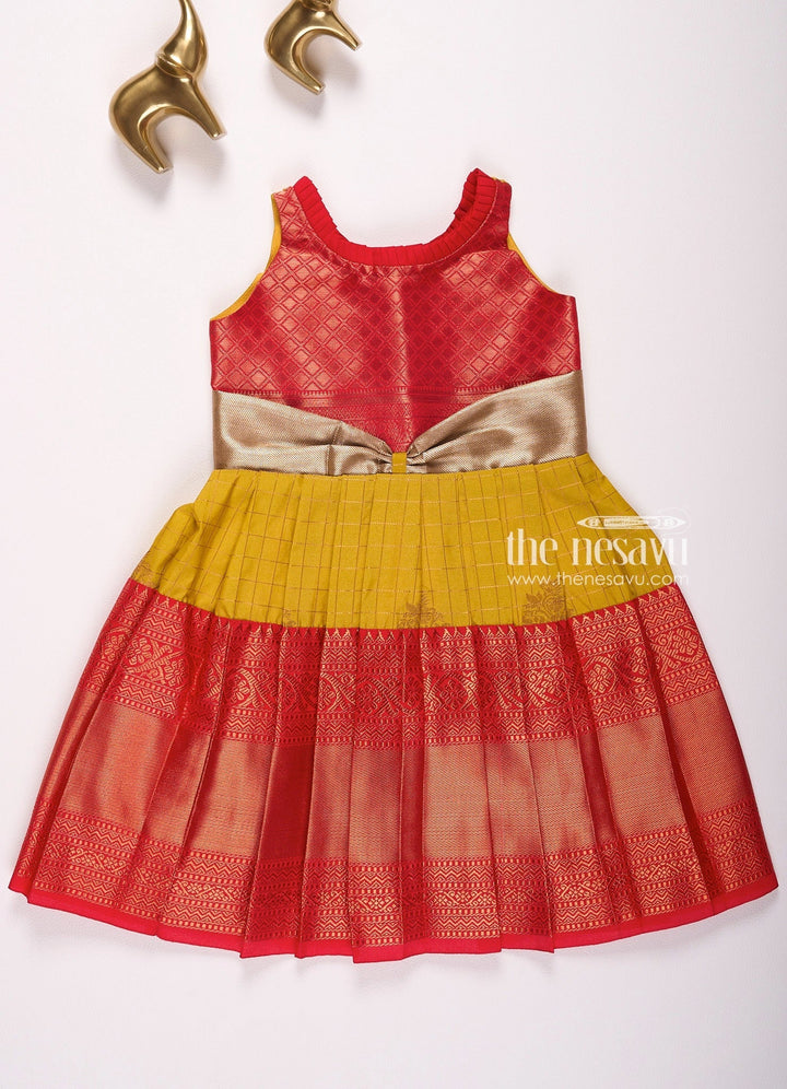 The Nesavu Girls Kanchi Silk Frock Nesavu Kanchi Pattu Silk Blend Frock for Girls Saree-Inspired Design for Muhurtham Nesavu 18 (2Y) / Mustard / Style 2 SF894B-18 Nesavu Saree-Inspired Kanchi Pattu Silk Blend Frock for Girls | Muhurtham