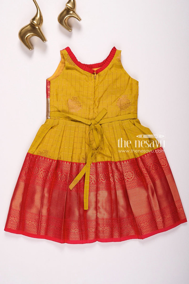 The Nesavu Girls Kanchi Silk Frock Nesavu Kanchi Pattu Silk Blend Frock for Girls Saree-Inspired Design for Muhurtham Nesavu Nesavu Saree-Inspired Kanchi Pattu Silk Blend Frock for Girls | Muhurtham