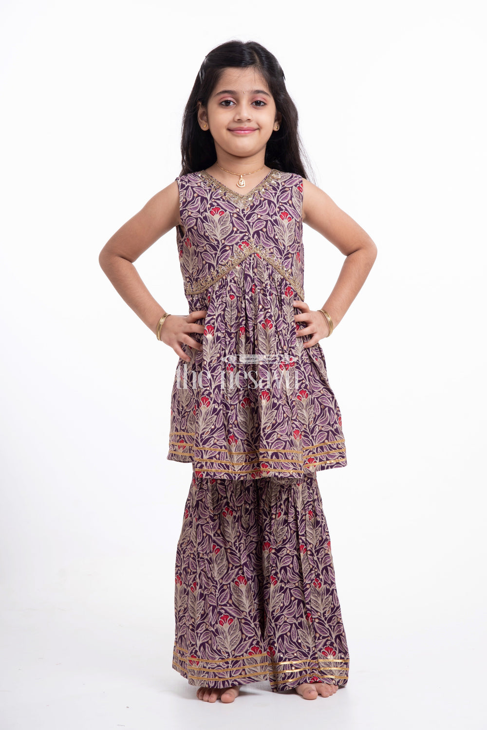 The Nesavu Girls Sharara / Plazo Set Nesavu Modal Silk Printed Sharara Gharara Dress for Girls Durga Puja Special Nesavu Nesavu Modal Silk Sharara Gharara Dress for Girls | Durga Puja Special