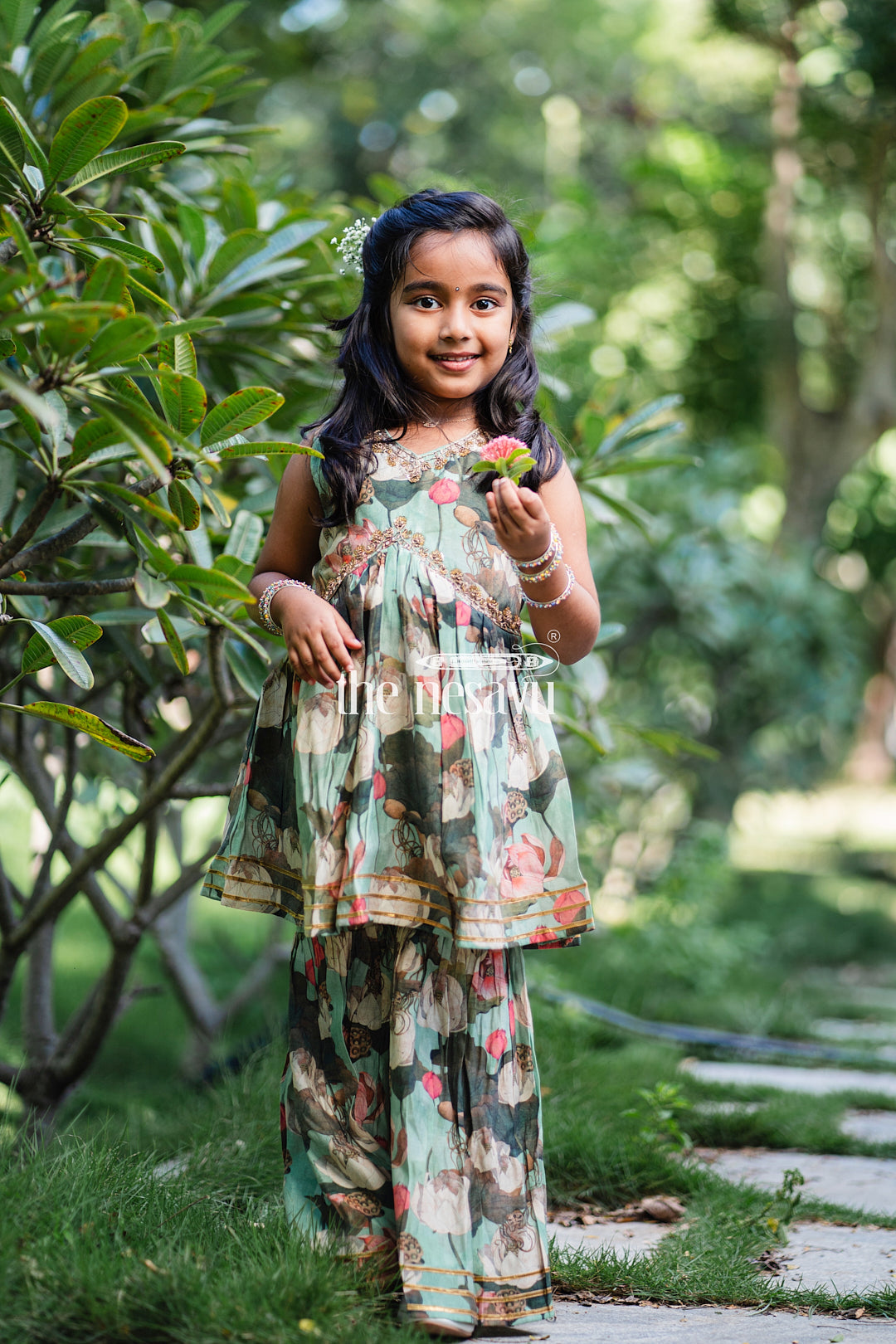 The Nesavu Girls Sharara / Plazo Set Nesavu Modal Silk Printed Sharara Party Wear Dress for Girls Diwali Special Hand Embroidered Nesavu 16 (1Y) / Sea Green GPS309A-16 Nesavu Modal Silk Sharara Party Wear Dress for Girls | Diwali Special