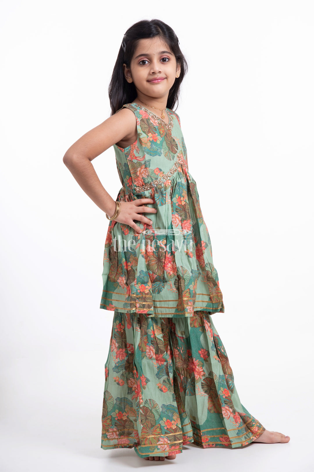 The Nesavu Girls Sharara / Plazo Set Nesavu Modal Silk Printed Sharara Plazo Dress for Girls Ganesh Chaturthi Festive Wear Nesavu Nesavu Modal Silk Sharara Plazo Dress for Girls | Ganesh Chaturthi Festive Wear