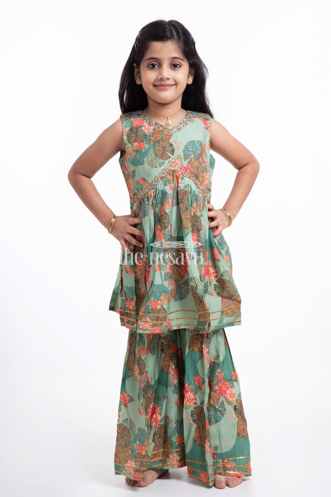 The Nesavu Girls Sharara / Plazo Set Nesavu Modal Silk Printed Sharara Plazo Dress for Girls Ganesh Chaturthi Festive Wear Nesavu Nesavu Modal Silk Sharara Plazo Dress for Girls | Ganesh Chaturthi Festive Wear