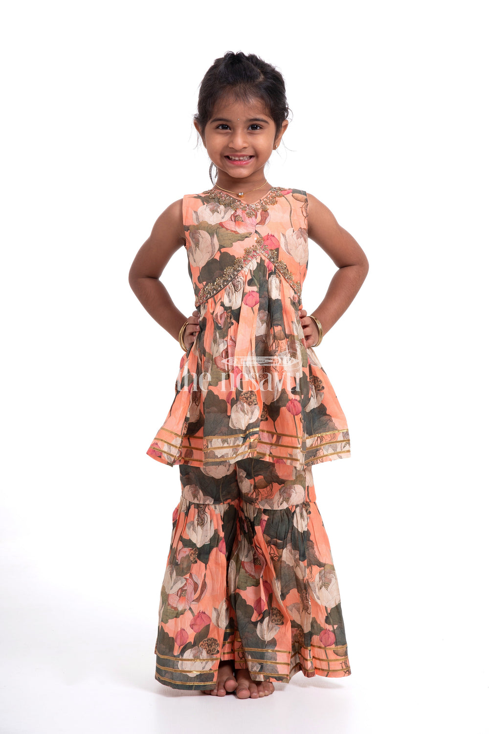 The Nesavu Girls Sharara / Plazo Set Nesavu Modal Silk Printed Sharara Plazo Dress with Top for Girls Diwali Special Hand Embroidered Outfit Nesavu Nesavu Modal Silk Sharara Plazo Dress for Girls | Diwali Special