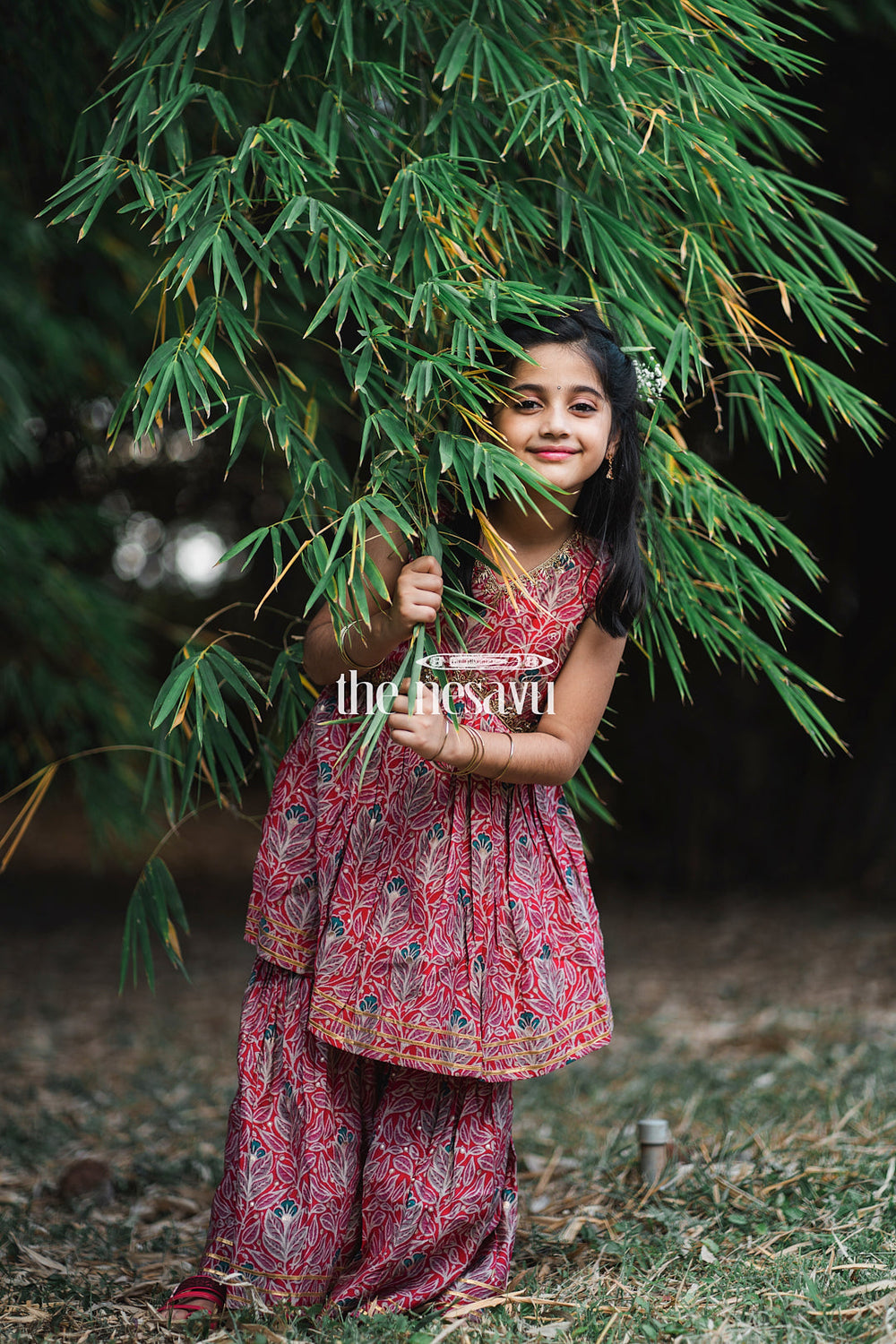 The Nesavu Girls Sharara / Plazo Set Nesavu Modal Silk Printed Sharara Set for Girls Diwali Special Hand Embroidered Dress Nesavu Nesavu Modal Silk Sharara Set for Girls | Diwali Special Hand Embroidered Dress