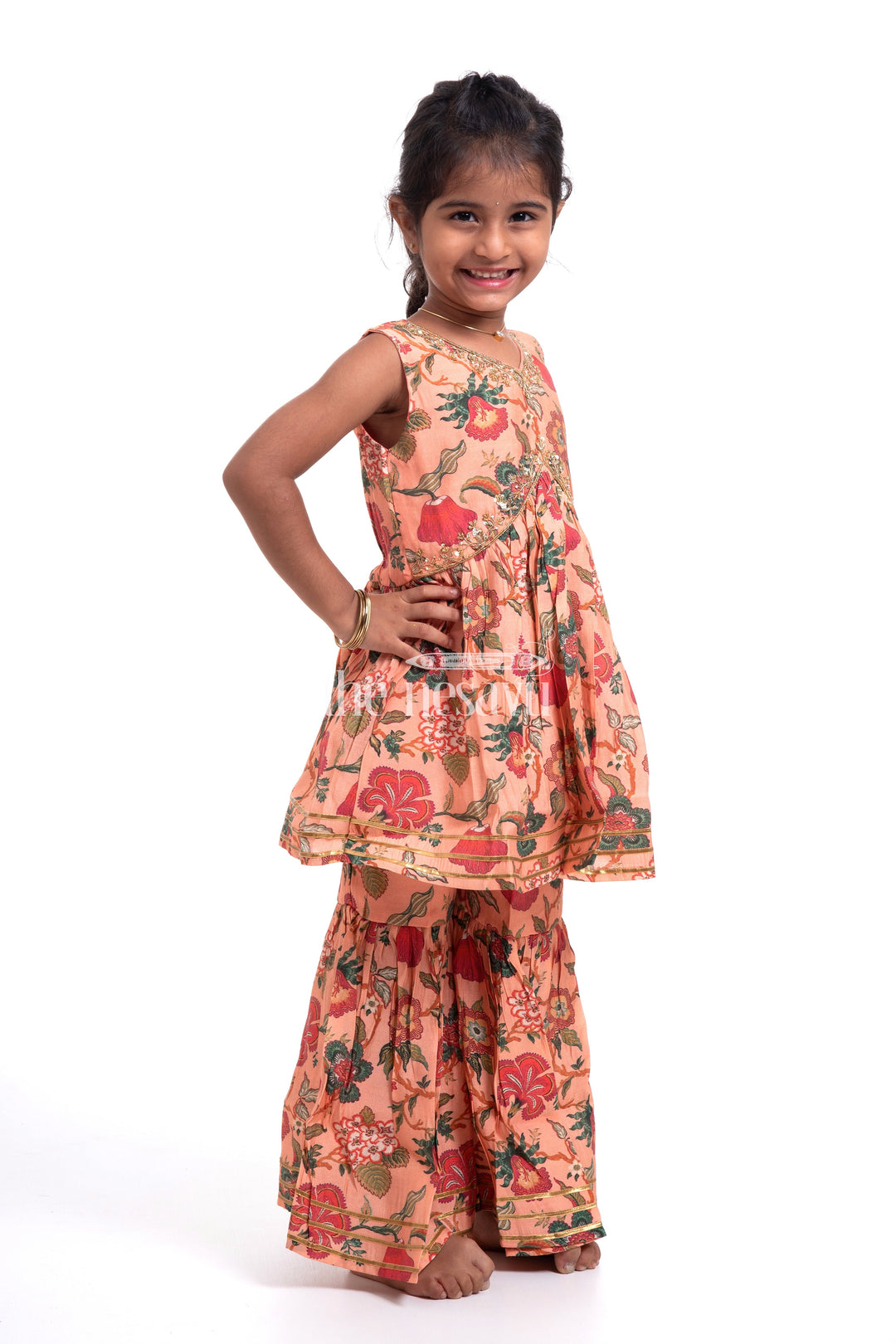 The Nesavu Girls Sharara / Plazo Set Nesavu Modal Silk Printed Sharara Top Dress for Girls Diwali Special Hand Embroidered Outfit Nesavu Nesavu Modal Silk Printed Sharara Top Dress for Girls | Diwali Special