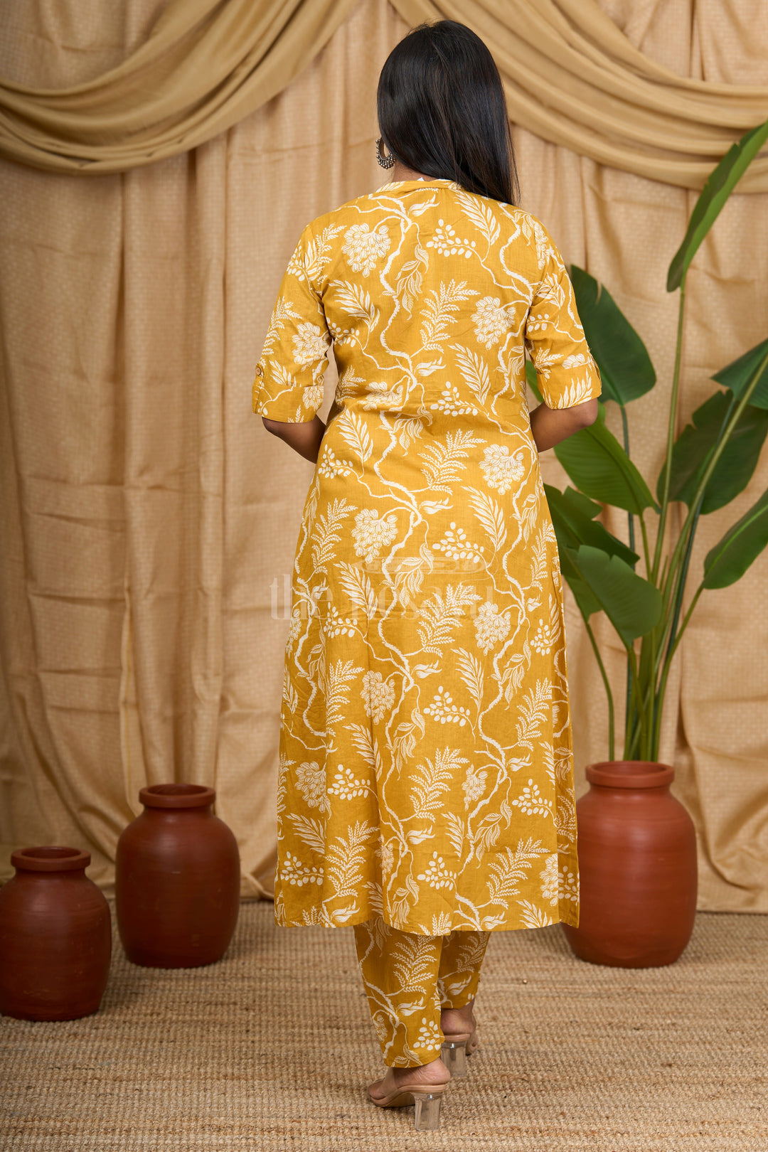 The Nesavu Womens Flared Kurthas Nesavu Mustard Yellow Cotton Flared Kurtha with White Botanical Print for Casual and Festive Wear Nesavu Nesavu Mustard Yellow Cotton Flared Kurtha White Botanical Print Casual Festive Wear