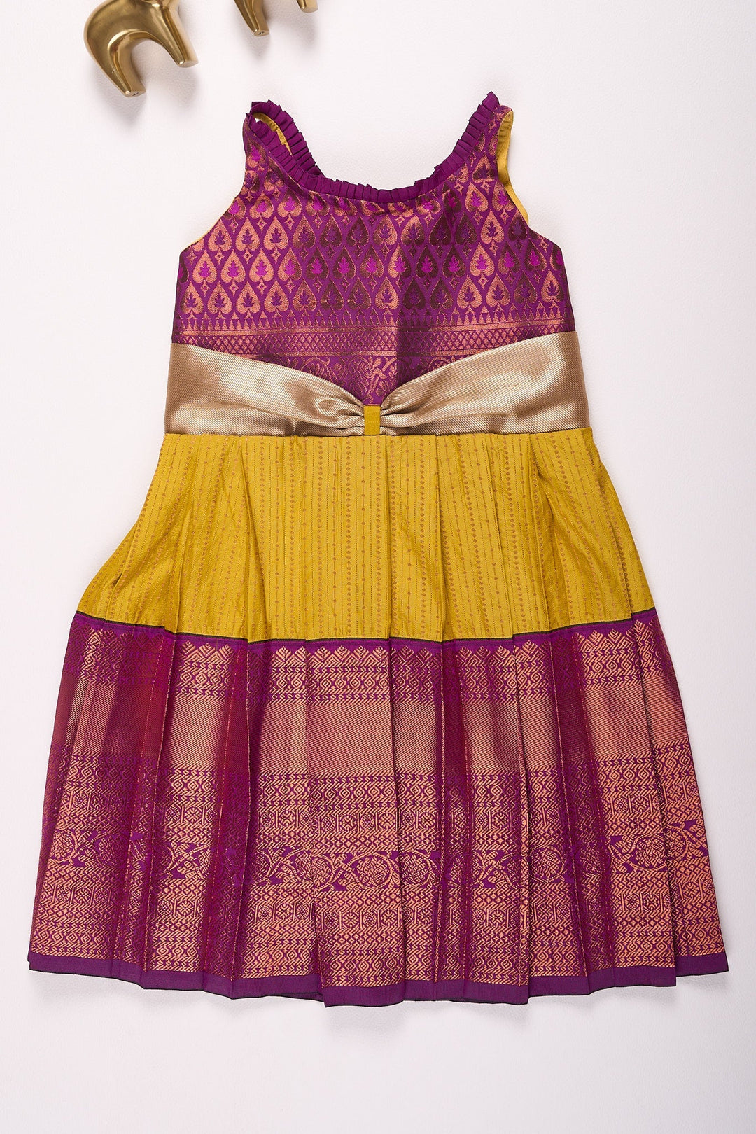 The Nesavu Girls Kanchi Silk Frock Nesavu Onam Special Kanchi Pattu Silk Frock for Girls Traditional Party Wear Nesavu 22 (4Y) / Yellow / Style 2 SF867B-22 Nesavu Onam Kanchi Pattu Silk Frock for Girls | Traditional Party Wear