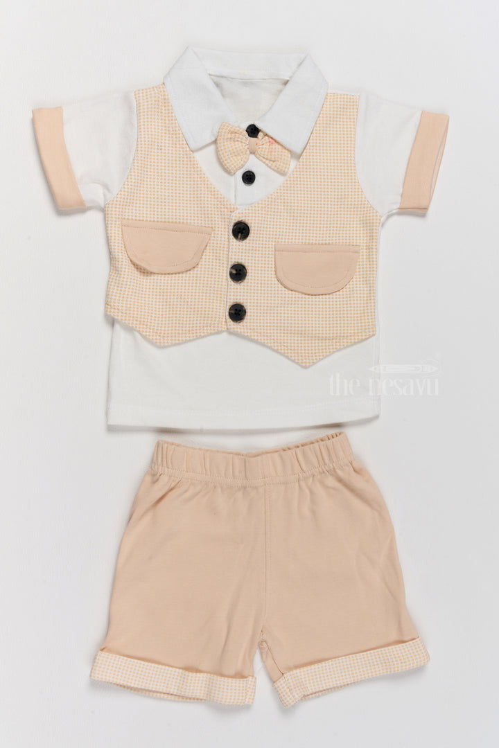 The Nesavu Baby Casual Sets New Born Clothes on Sale Cotton Two-Piece Beige Outfit with Bowtie and Shorts Nesavu 10 (NB) / Beige BCS183A-10 Nesavu New Born Clothes Sale Cotton Two-Piece Outfit Bowtie Beige Shorts