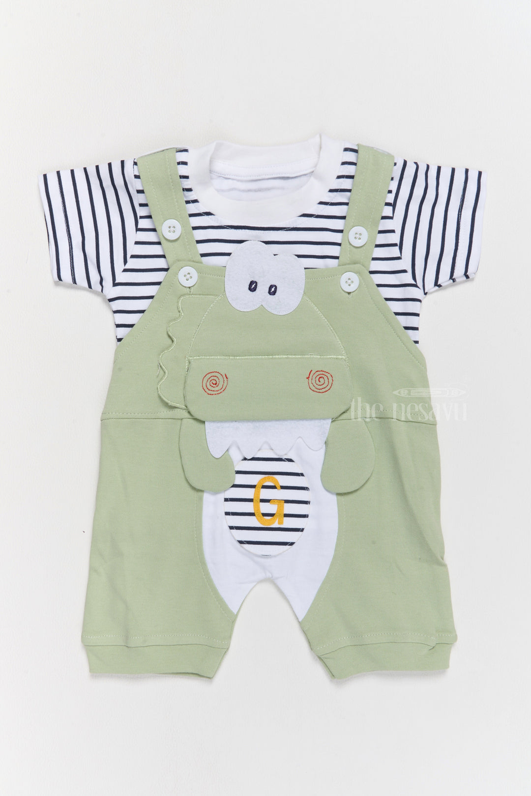 The Nesavu Baby Casual Sets New Born Outfits Green Cotton Dungaree Set with Striped T-Shirt and Dinosaur Applique Nesavu 14 (6M) / Green BCS182A-14 Nesavu New Born Outfits Green Cotton Dungaree Set Dinosaur Applique