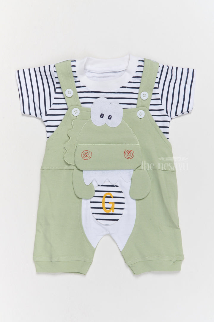 The Nesavu Baby Casual Sets New Born Outfits Green Cotton Dungaree Set with Striped T-Shirt and Dinosaur Applique Nesavu 14 (6M) / Green BCS182A-14 Nesavu New Born Outfits Green Cotton Dungaree Set Dinosaur Applique