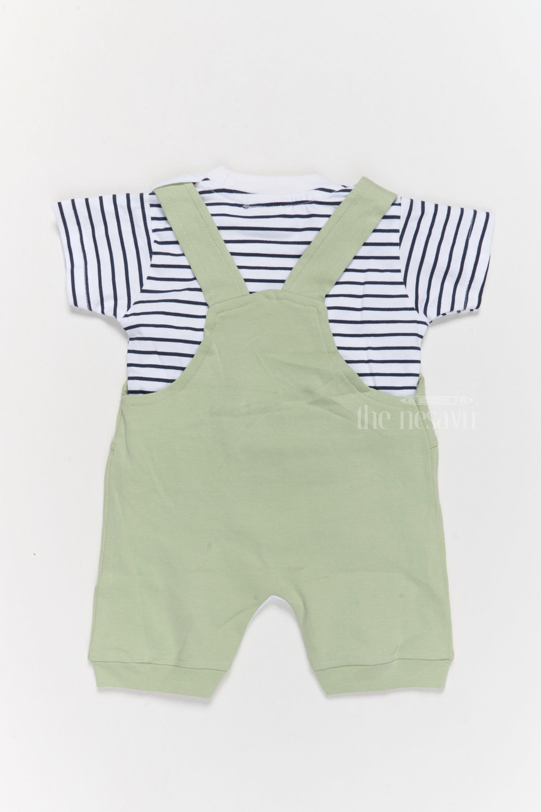 The Nesavu Baby Casual Sets New Born Outfits Green Cotton Dungaree Set with Striped T-Shirt and Dinosaur Applique Nesavu Nesavu New Born Outfits Green Cotton Dungaree Set Dinosaur Applique