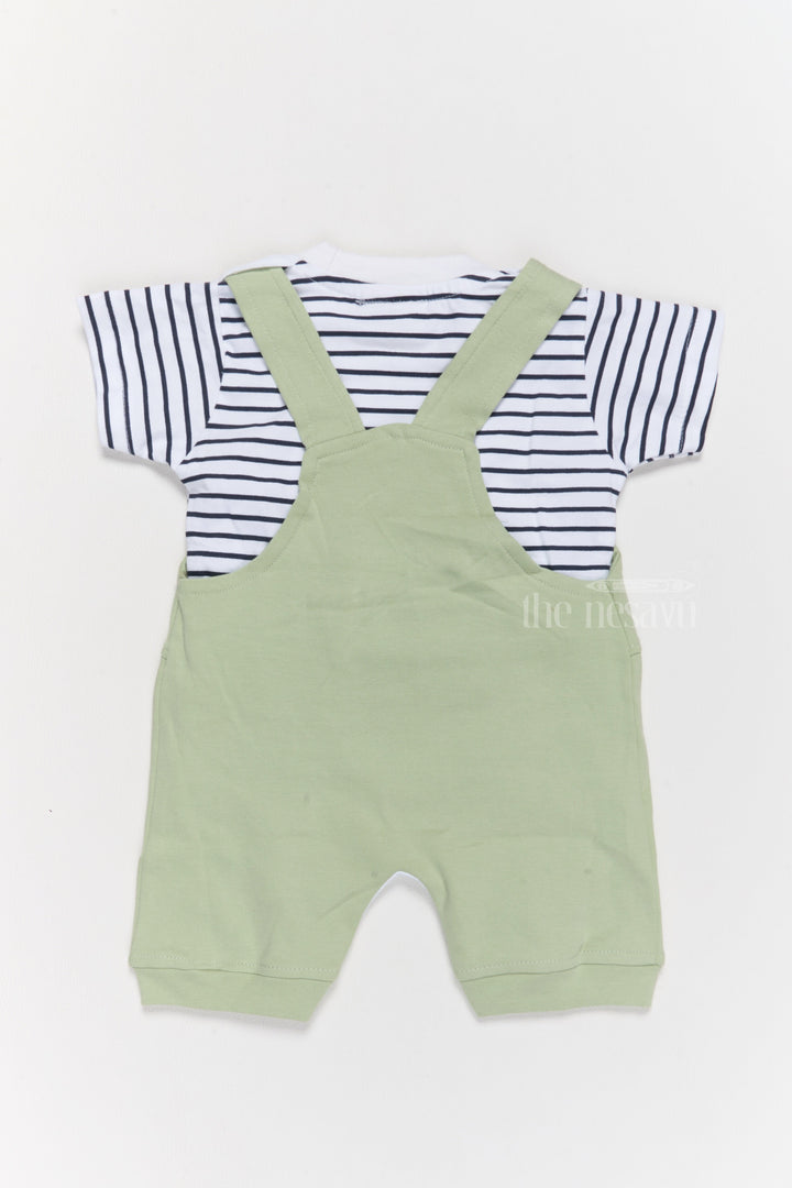 The Nesavu Baby Casual Sets New Born Outfits Green Cotton Dungaree Set with Striped T-Shirt and Dinosaur Applique Nesavu Nesavu New Born Outfits Green Cotton Dungaree Set Dinosaur Applique