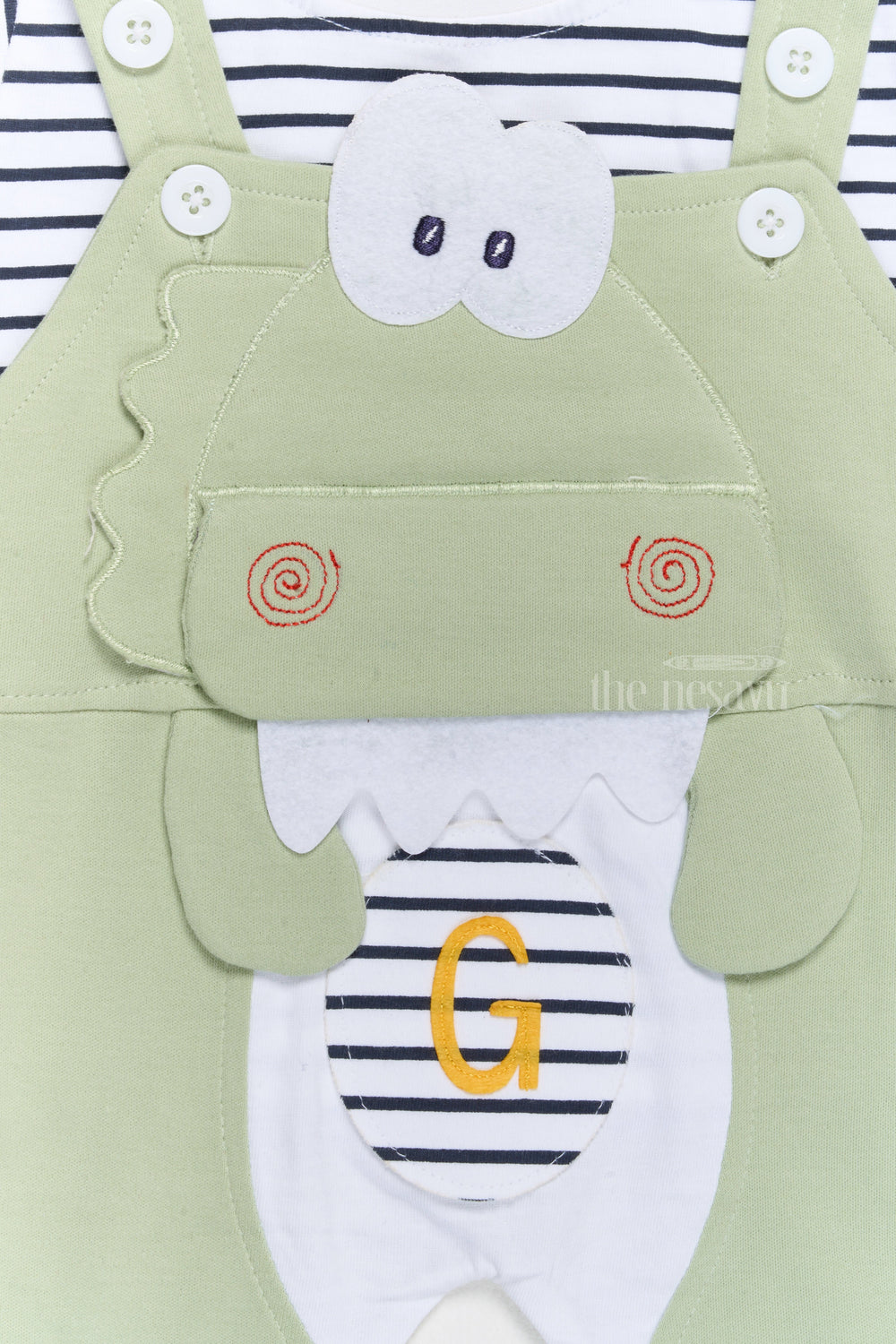 The Nesavu Baby Casual Sets New Born Outfits Green Cotton Dungaree Set with Striped T-Shirt and Dinosaur Applique Nesavu Nesavu New Born Outfits Green Cotton Dungaree Set Dinosaur Applique