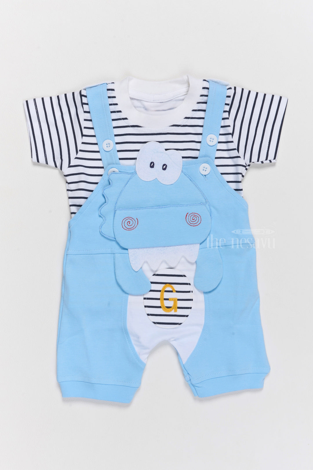 The Nesavu Baby Casual Sets New Born Wear Online Blue Cotton Dungaree Set with Striped T-Shirt and Dinosaur Applique Nesavu 14 (6M) / Blue BCS182B-14 Nesavu New Born Wear Online Blue Cotton Dungaree Set Dinosaur Applique