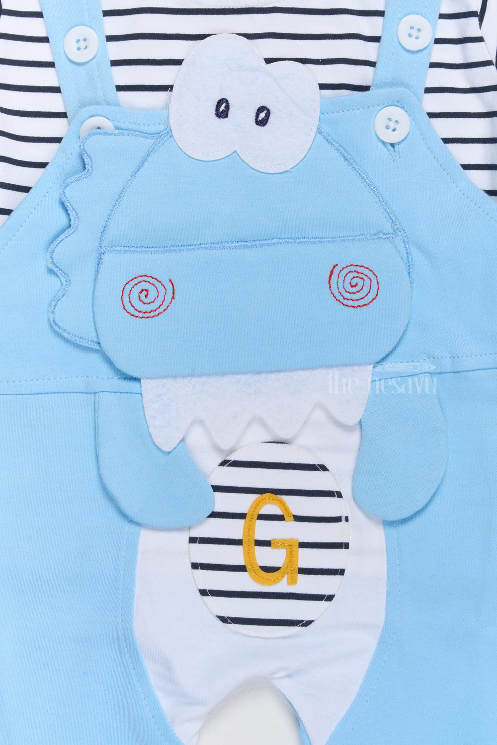 The Nesavu Baby Casual Sets New Born Wear Online Blue Cotton Dungaree Set with Striped T-Shirt and Dinosaur Applique Nesavu Nesavu New Born Wear Online Blue Cotton Dungaree Set Dinosaur Applique