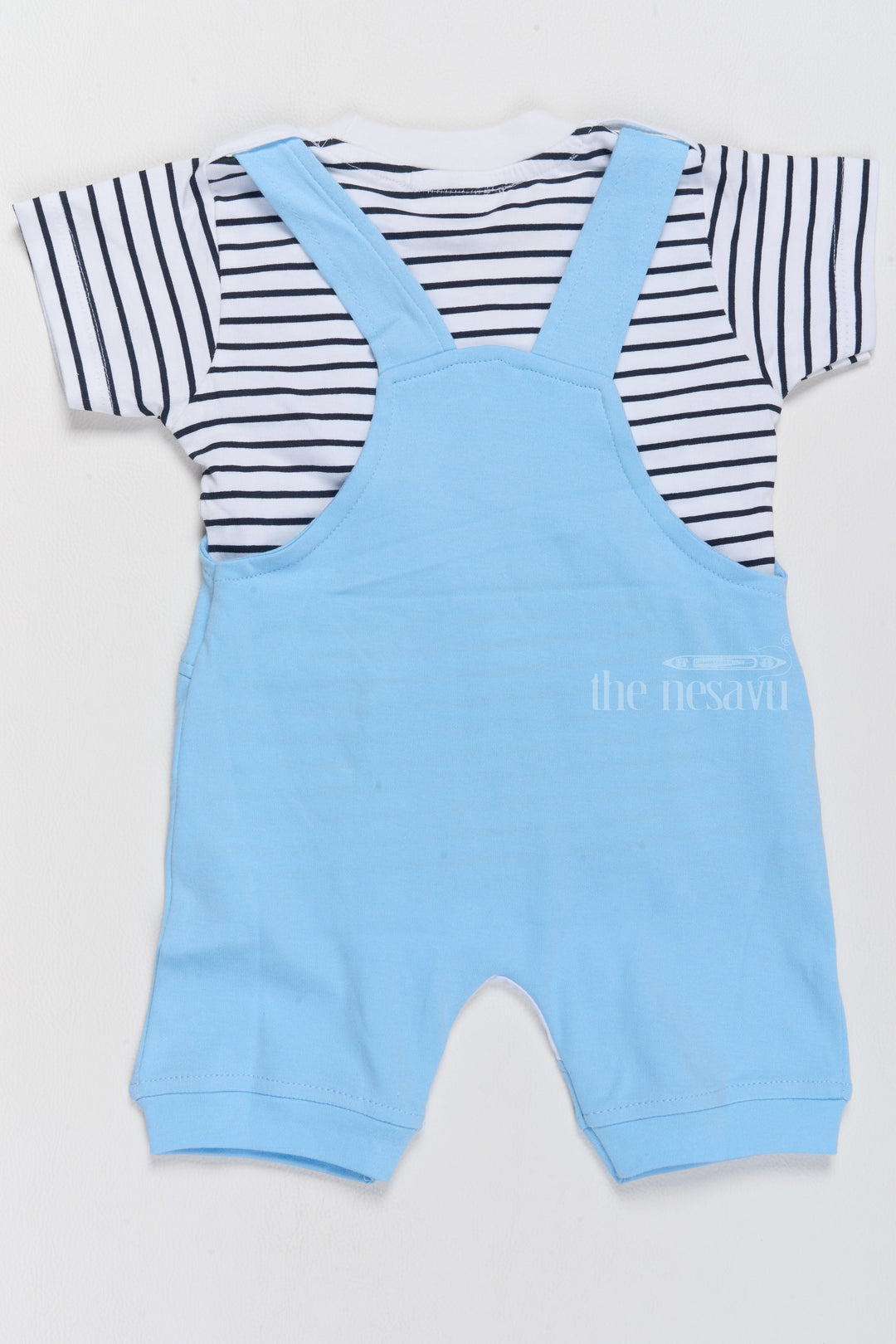 The Nesavu Baby Casual Sets New Born Wear Online Blue Cotton Dungaree Set with Striped T-Shirt and Dinosaur Applique Nesavu Nesavu New Born Wear Online Blue Cotton Dungaree Set Dinosaur Applique