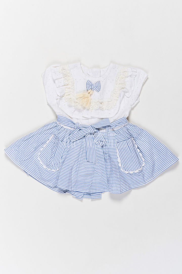 The Nesavu Girls Cotton Frock New Frock Models for Girls in Hakoba with Stylish Striped Flair Nesavu 12 (3M) / White GFC1478A-12 New Hakoba Frock Model Girls Striped Flare Bow Detailing Nesavu