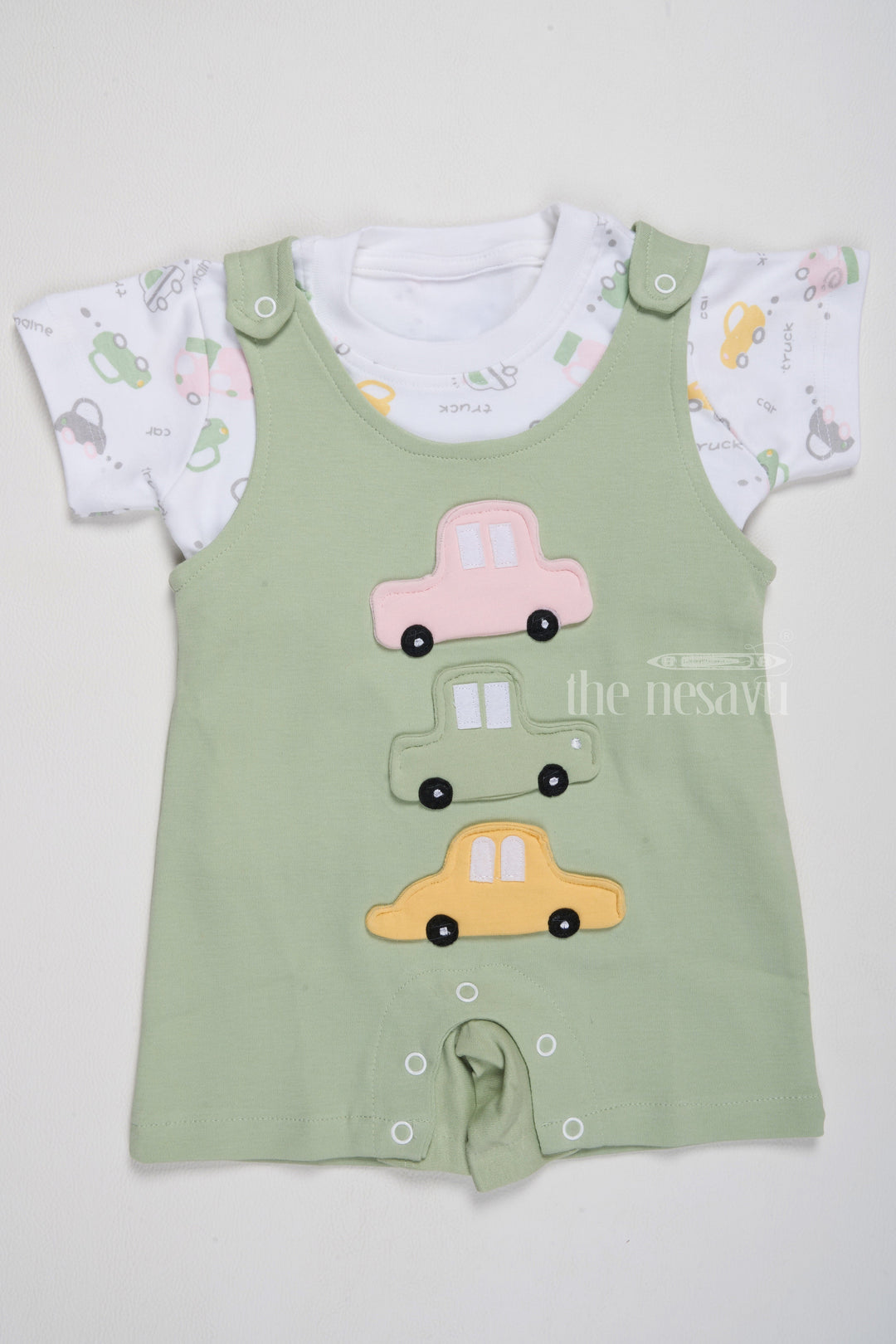 The Nesavu Baby Casual Sets Newborn Clothes Sale Green Car Applique Romper with Printed T-Shirt Nesavu 14 (6M) / Green BCS189B-14 Nesavu Newborn Clothes Sale Green Car Applique Romper Printed T-Shirt