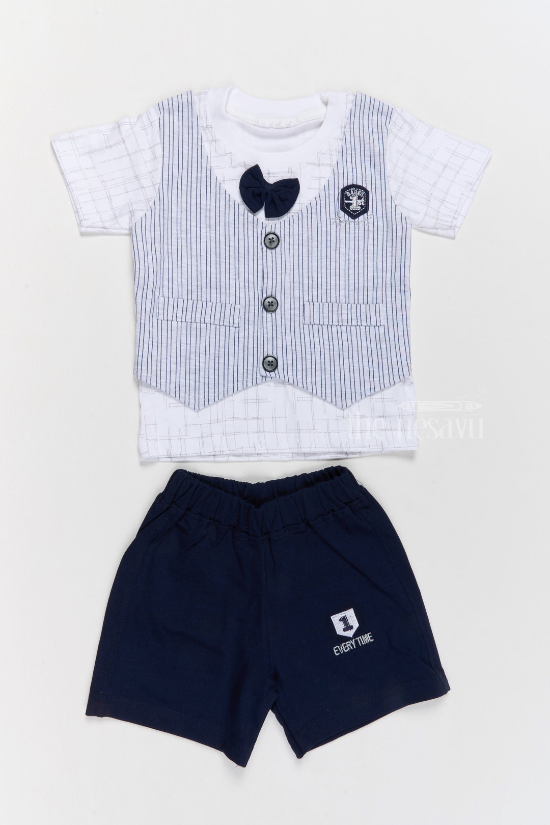 The Nesavu Baby Casual Sets Newborn Cotton Clothes Navy Blue Shorts with Striped Vest and Bowtie Nesavu 10 (NB) / Half white BCS187A-10 Nesavu Newborn Cotton Clothes Striped Vest Bowtie Navy Blue Shorts