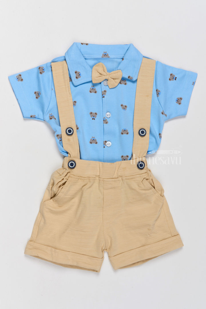 The Nesavu Baby Casual Sets Newborn Fourth of July Outfit Blue Bow Tie Shirt with Yellow Suspender Shorts Nesavu 14 (6M) / Blue BCS195B-14 Nesavu Newborn Fourth July Outfit Blue Bow Tie Shirt Yellow Suspender Shorts