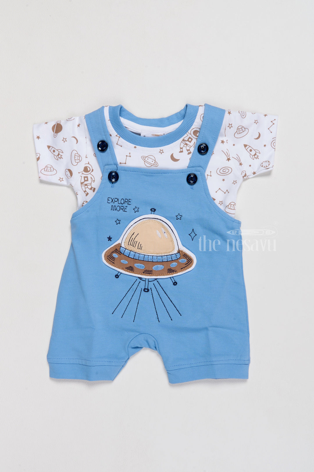 The Nesavu Baby Casual Sets Newborn Holiday Dress Blue Space Theme Dungaree with Printed T-Shirt Nesavu 14 (6M) / Blue BCS193A-14 Nesavu Newborn Holiday Dress Blue Space Theme Dungaree Printed T-Shirt