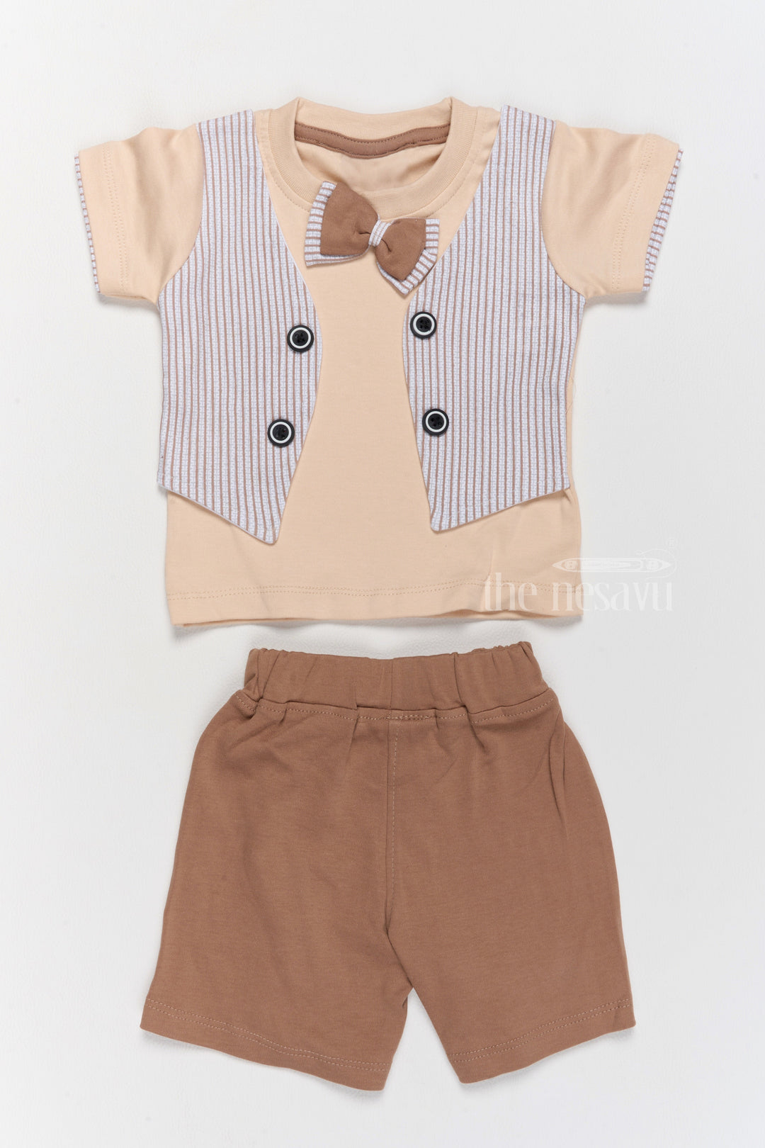 The Nesavu Baby Casual Sets Newborn Party Dress Beige Bow Tie Shirt with Matching Shorts and Vest Nesavu 10 (NB) / Beige BCS196A-10 Nesavu Newborn Party Dress Beige Bow Tie Shirt Vest Matching Shorts