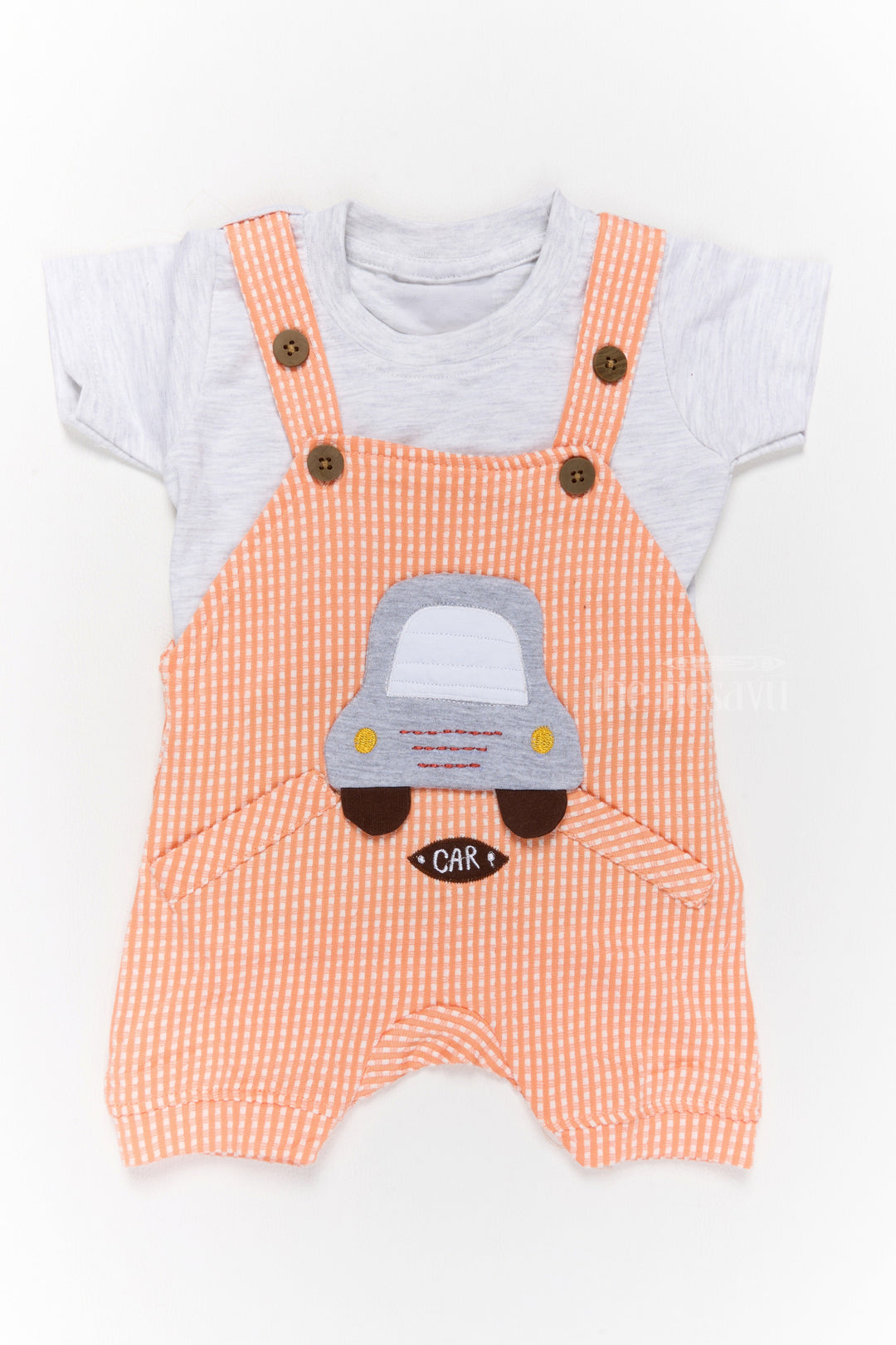 The Nesavu Baby Casual Sets Newborn Wear Orange Striped Cotton Romper with Car Applique and White T-Shirt Nesavu 14 (6M) / Orange BCS177A-14 Nesavu Newborn Wear Orange Striped Cotton Romper Car Applique