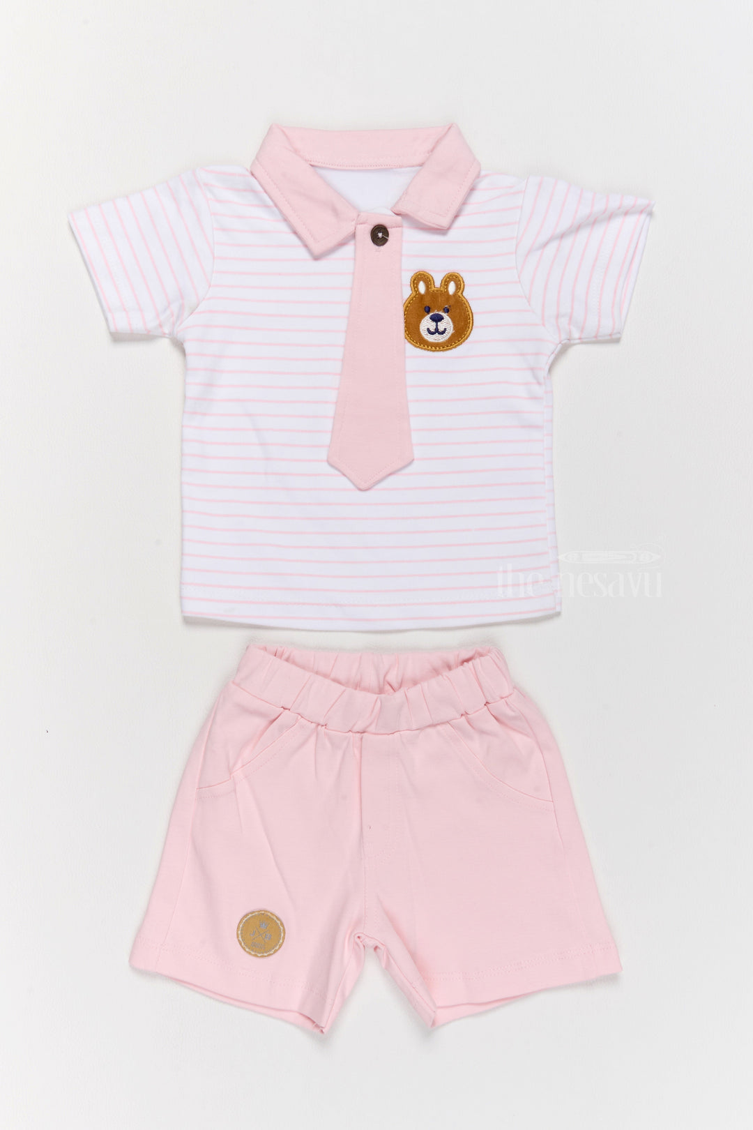 The Nesavu Baby Casual Sets Newborn Wear Pink Cotton Shorts Set with Striped T-Shirt, Tie, and Bear Applique Nesavu 14 (6M) / Pink BCS178B-14 Nesavu Newborn Wear Pink Cotton Shorts Set Bear Applique Tie