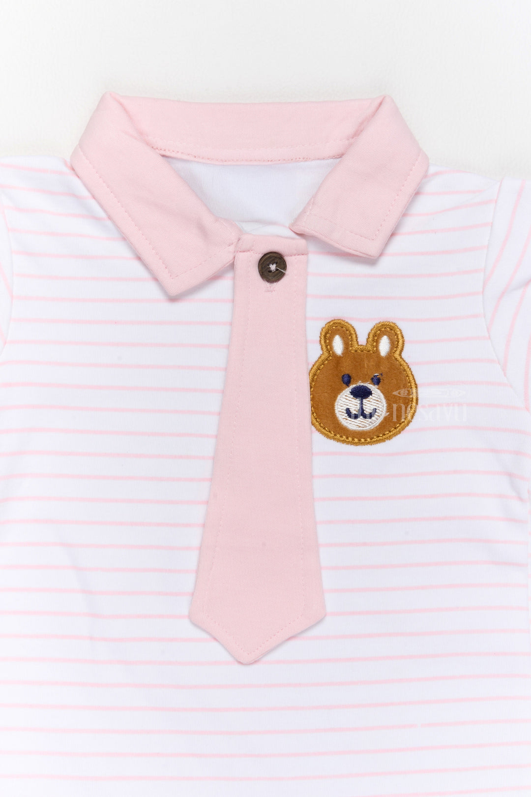 The Nesavu Baby Casual Sets Newborn Wear Pink Cotton Shorts Set with Striped T-Shirt, Tie, and Bear Applique Nesavu Nesavu Newborn Wear Pink Cotton Shorts Set Bear Applique Tie