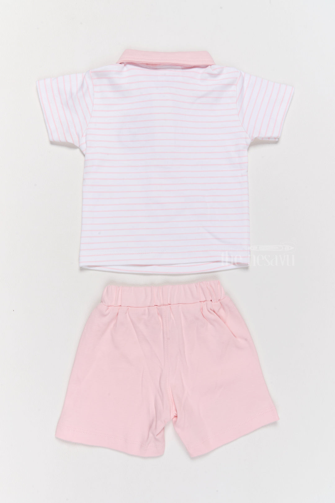 The Nesavu Baby Casual Sets Newborn Wear Pink Cotton Shorts Set with Striped T-Shirt, Tie, and Bear Applique Nesavu Nesavu Newborn Wear Pink Cotton Shorts Set Bear Applique Tie