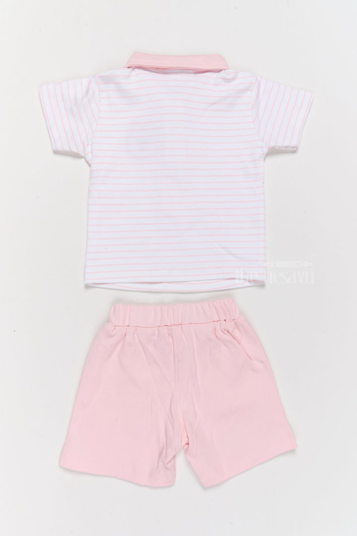 The Nesavu Baby Casual Sets Newborn Wear Pink Cotton Shorts Set with Striped T-Shirt, Tie, and Bear Applique Nesavu Nesavu Newborn Wear Pink Cotton Shorts Set Bear Applique Tie