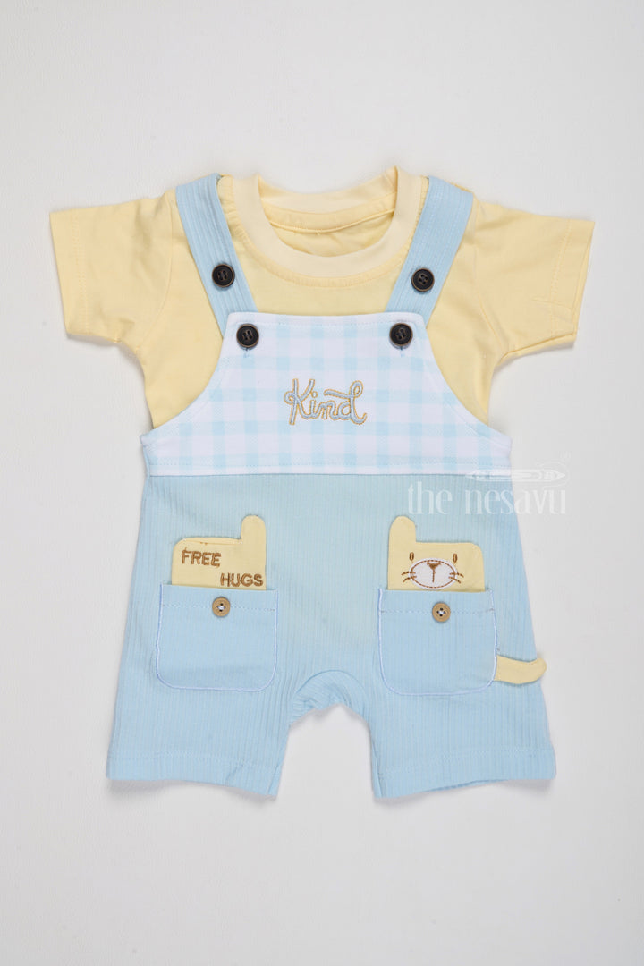 The Nesavu Baby Casual Sets Newborn Western Wear Blue Gingham Dungaree with Yellow T-Shirt Nesavu 14 (6M) / Blue BCS192A-14 Nesavu Newborn Western Wear Blue Gingham Dungaree Yellow T-Shirt