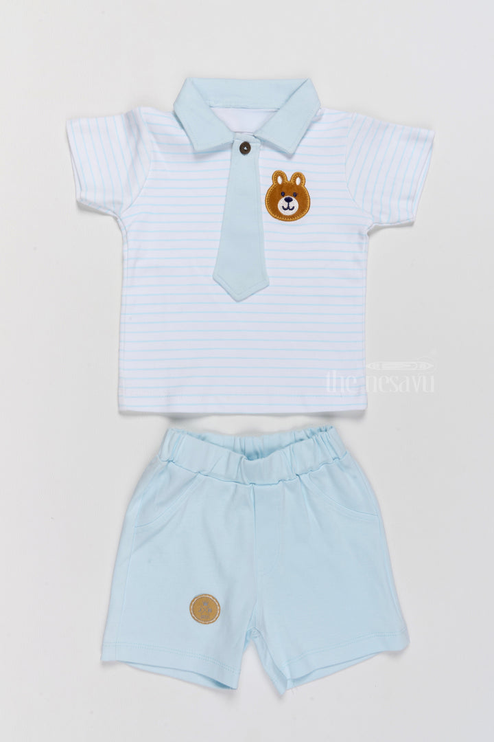 The Nesavu Baby Casual Sets Newborn Winter Wear Blue Cotton Shorts Set with Tie and Bear Applique Nesavu 14 (6M) / Blue BCS178A-14 Nesavu Newborn Winter Wear Blue Cotton Shorts Set Tie Bear Applique