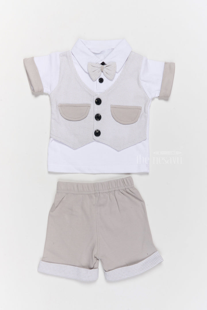 The Nesavu Baby Casual Sets Newborn Winter Wear Cotton Two-Piece Grey Outfit with Bowtie and Shorts Nesavu 10 (NB) / Gray BCS183B-10 Nesavu Newborn Winter Wear Cotton Two-Piece Outfit Grey Vest Bowtie