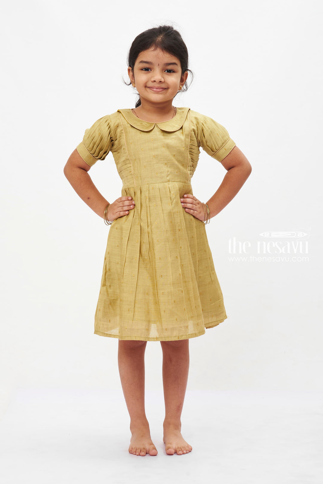 The Nesavu Girls Cotton Frock Olive Gold Charm Frock: Classic Puff Sleeve Dress with Golden Detailing for Girls Nesavu 14 (6M) / Green GFC1205C-14 Traditional Olive Green Puff Sleeve Dress for Girls | Elegant Gold Trimmed Frock | The Nesavu