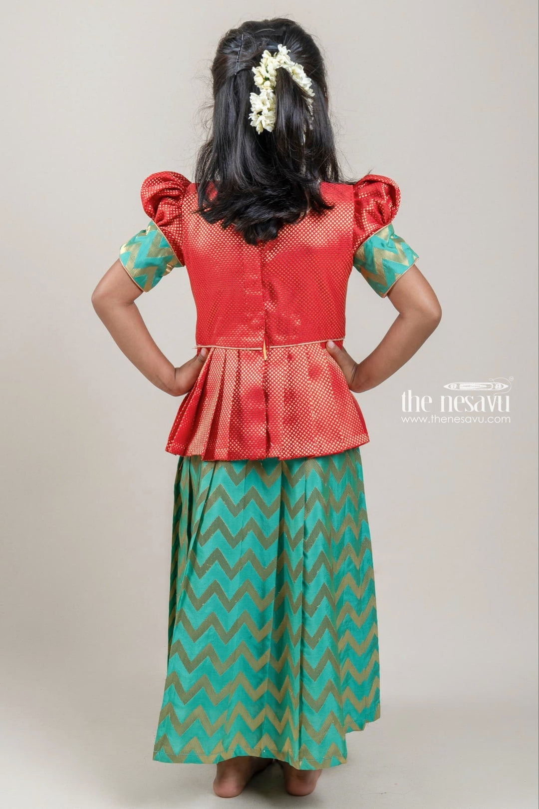 The Nesavu Pattu Pavadai Orange Brocade Designer Silk Blouse with Green Silk Skirt for Girls Nesavu Orange Brocade Silk Blouse with Green Silk Skirt | Traditional Pattu Pavadai |The Nesavu