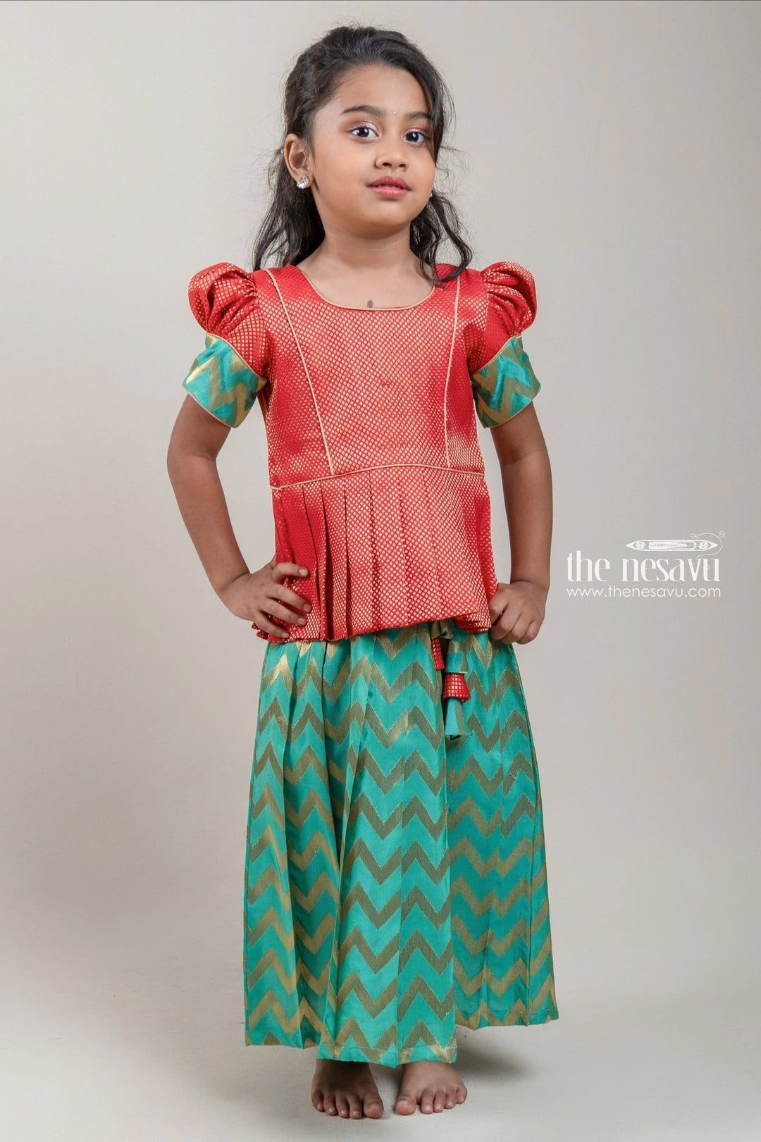 The Nesavu Pattu Pavadai Orange Brocade Designer Silk Blouse with Green Silk Skirt for Girls Nesavu Orange Brocade Silk Blouse with Green Silk Skirt | Traditional Pattu Pavadai |The Nesavu