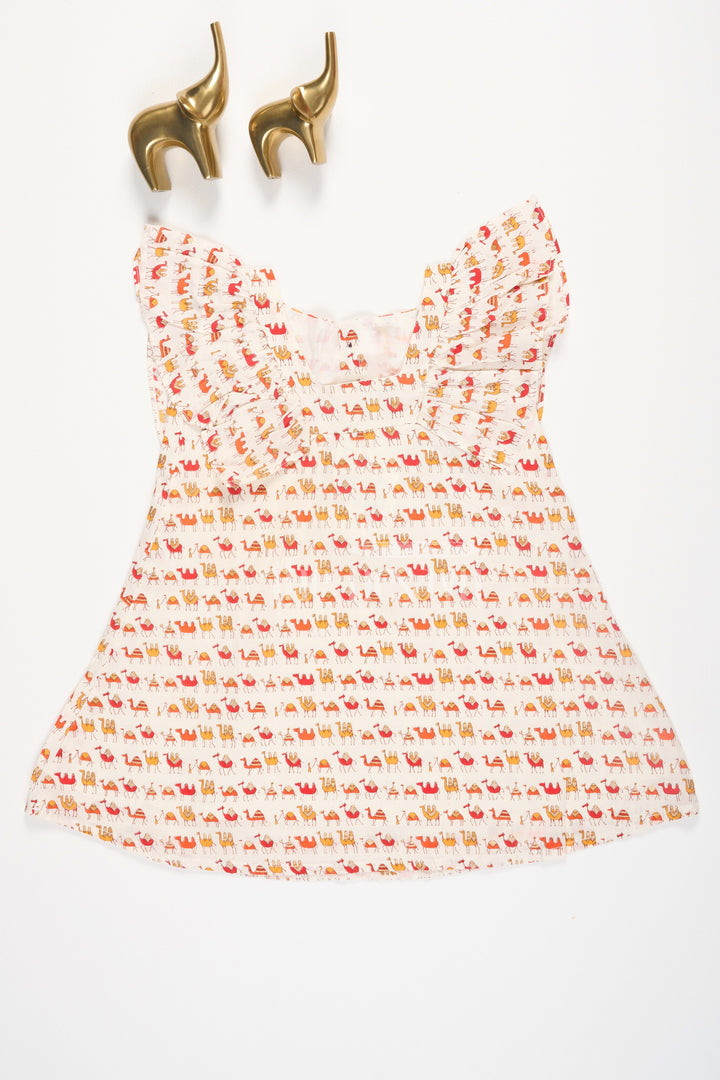 The Nesavu Baby Cotton Frocks Orange Camel Print Cotton Baby Frock with Ruffles for Newborns Nesavu 10 (NB) / Cream BFJ559A-10 Orange Camel Print Cotton Baby Frock with Ruffles for Newborns Nesavu