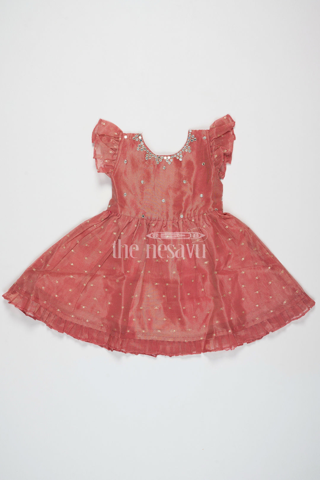 The Nesavu Girls Fancy Frock Orange Chanderi Fancy Frock for Girls with Gold Embroidery and Ruffled Hem Nesavu 16 (1Y) / Orange GFC1428A-16 Nesavu Girls Orange Chanderi Fancy Frock Gold Embroidery Ruffled Hemline