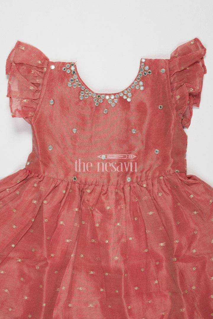 The Nesavu Girls Fancy Frock Orange Chanderi Fancy Frock for Girls with Gold Embroidery and Ruffled Hem Nesavu Nesavu Girls Orange Chanderi Fancy Frock Gold Embroidery Ruffled Hemline