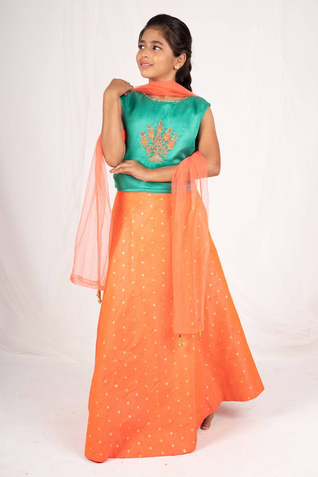 The Nesavu Girls Lehenga Choli Orange Golden Print Raw Silk Skirt With Dark Green Designer Top Nesavu 16 (1Y) / Orange GL117-16 Shop Online Ghagra Choli | Girl Baby Party Wear Dress | The Nesavu