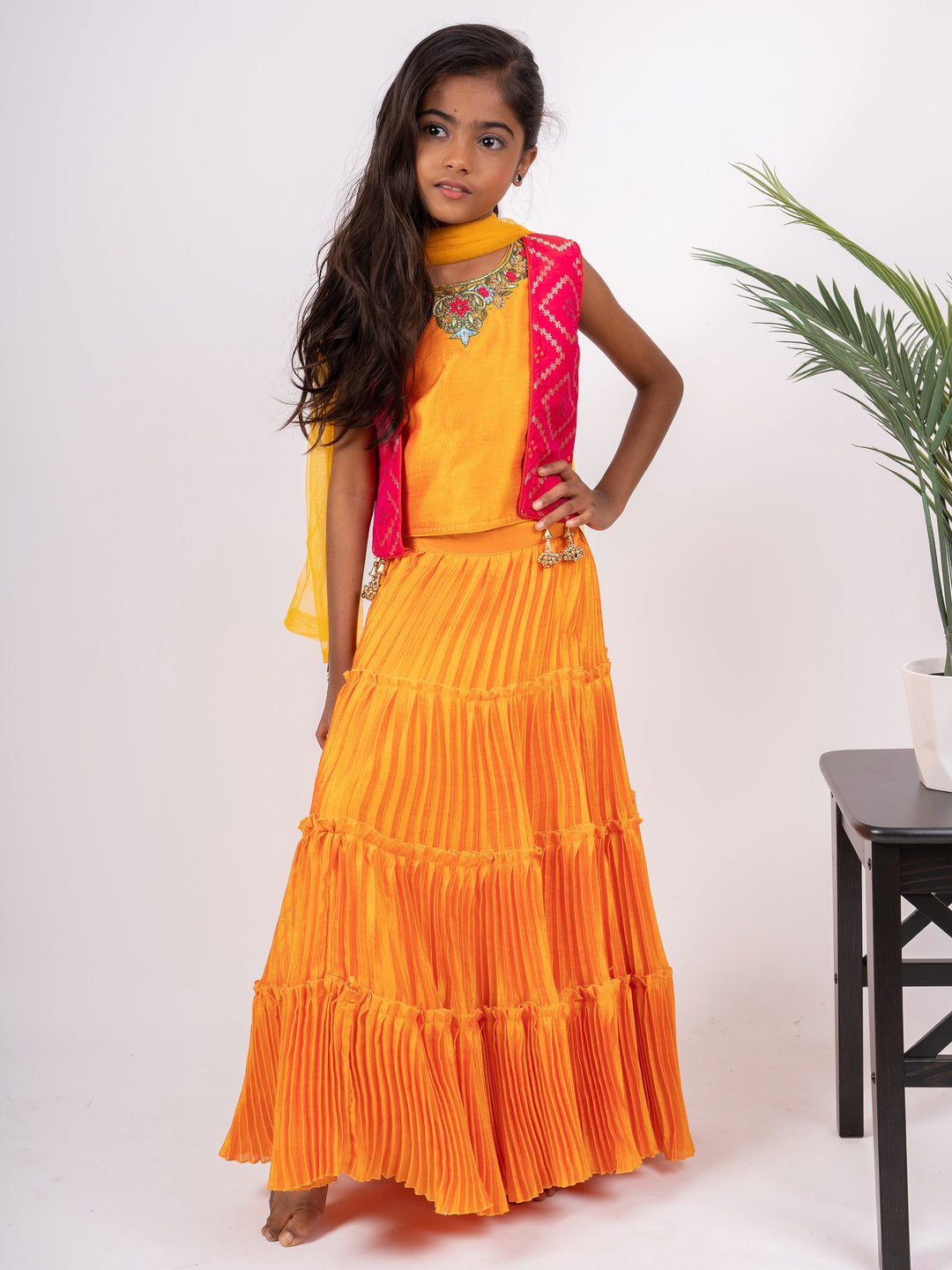 Orange Lehenga With Hand Embroidery Yellow Blouse With Pink Over Coat