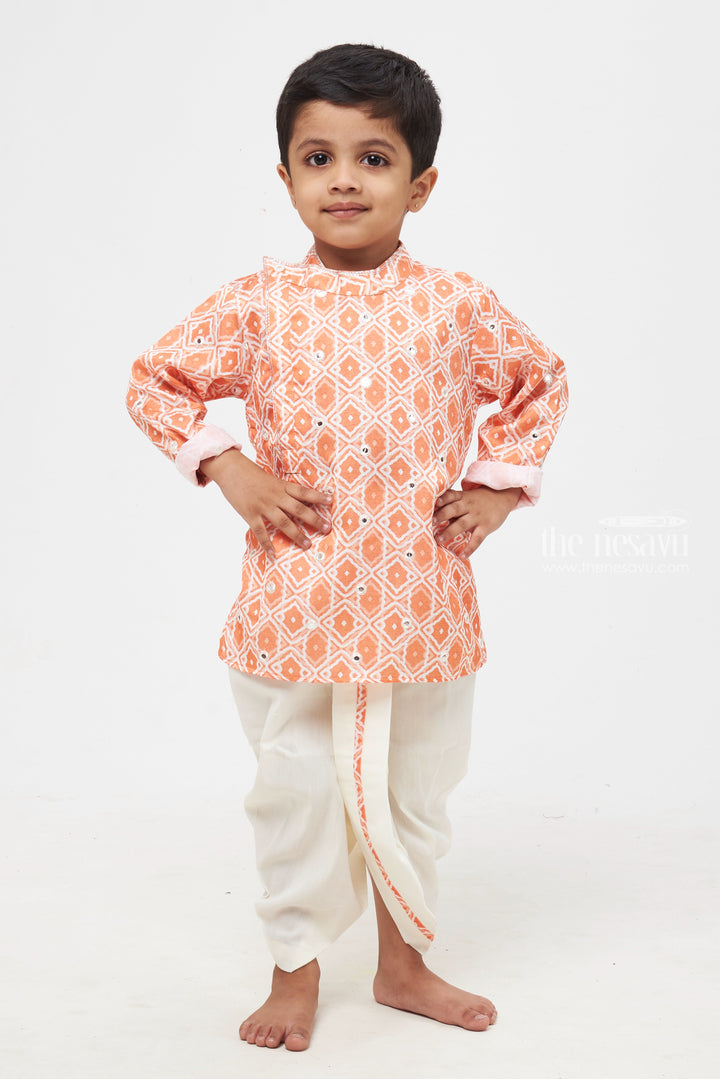 The Nesavu Boys Dothi Set Orange Radiance: Mirror-Embroidered Geometric Printed Kurta & Panjagacham Set for Boys Nesavu 12 (3M) / Orange / Silk Blend BES399A-12 Classic Boys Kurta and Dhoti Combo | Timeless Panchagajam Styles | The Nesavu