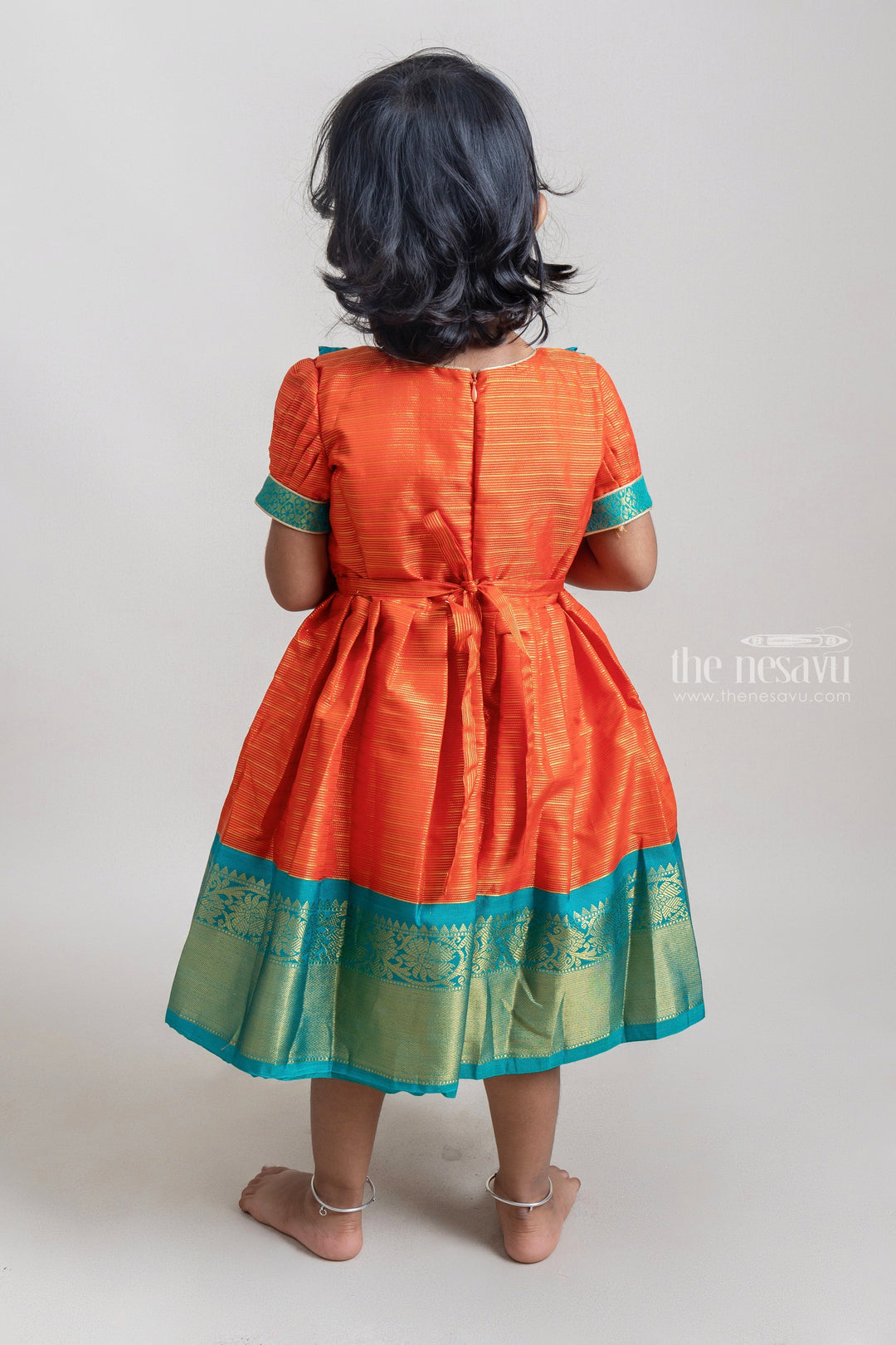 Orange With Blue Kanchi Silk Korva Border Pattu Frock For Baby Girls