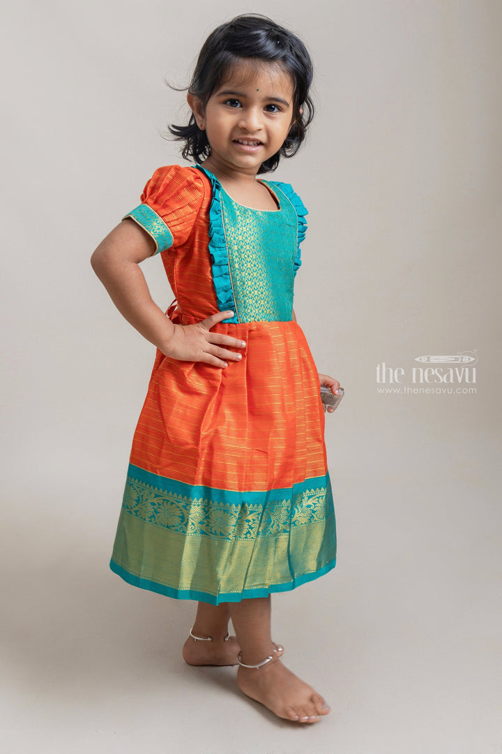 Orange With Blue Kanchi Silk Korva Border Pattu Frock For Baby Girls