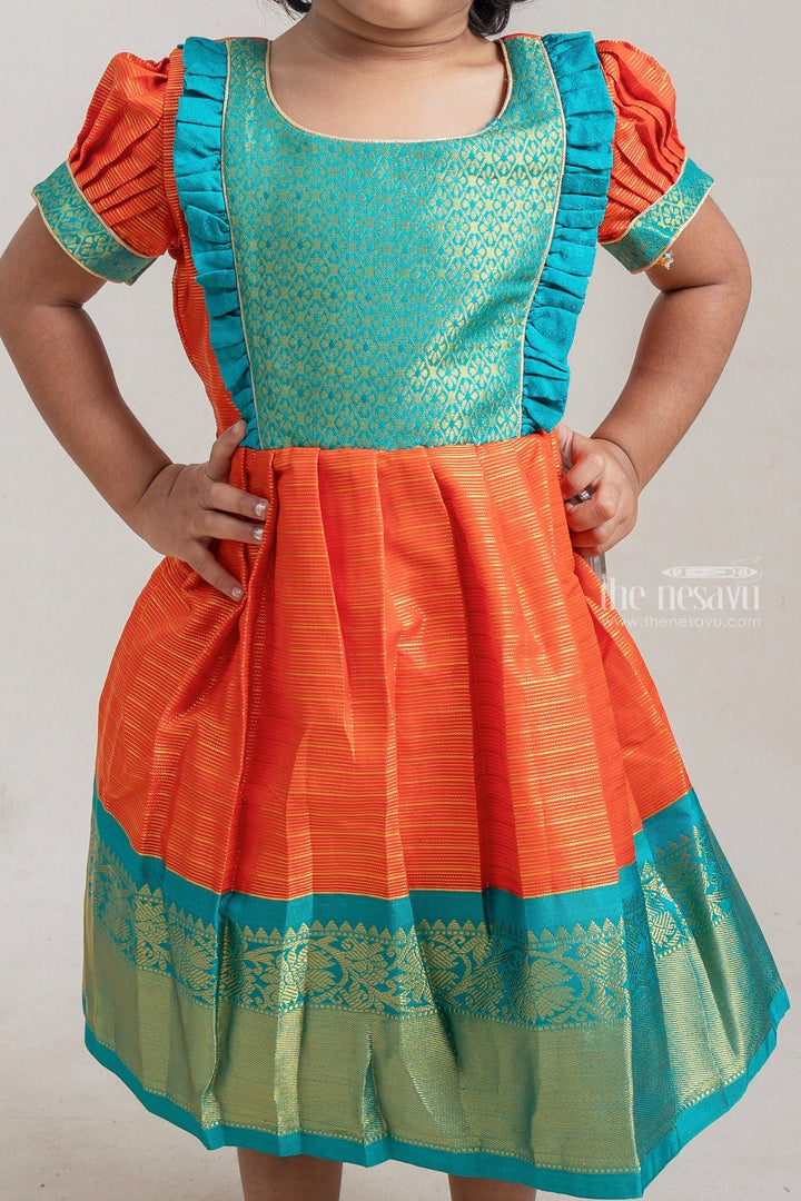 Orange With Blue Kanchi Silk Korva Border Pattu Frock For Baby Girls