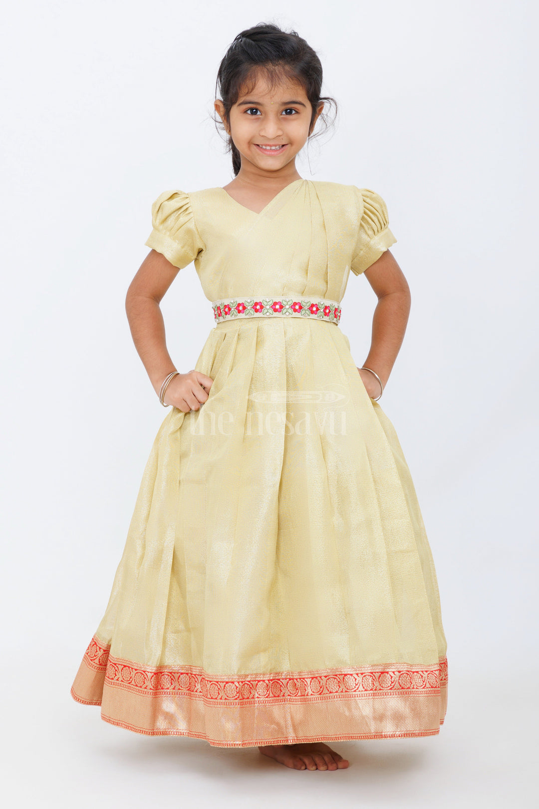 The Nesavu Girls Silk Gown Organza Gown for Girls in Tissue Silk with Classic Design and Floral Accents Nesavu Nesavu Organza Gown Girls Tissue Silk Elegant Floral Detailing