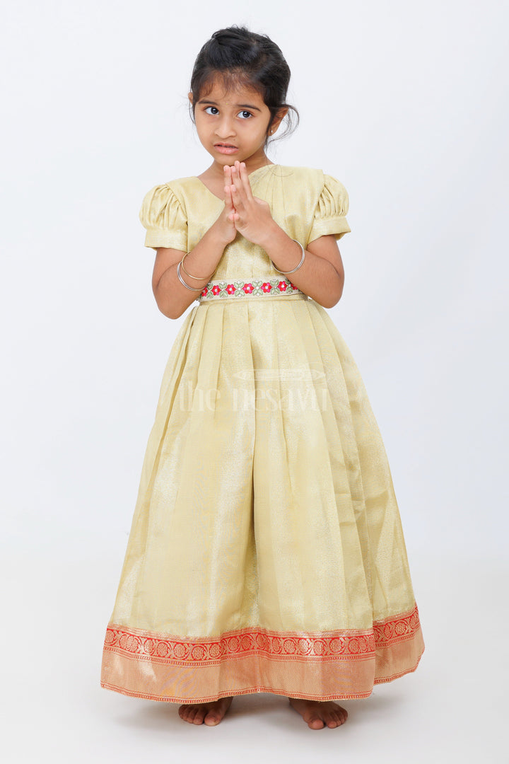 The Nesavu Girls Silk Gown Organza Gown for Girls in Tissue Silk with Classic Design and Floral Accents Nesavu Nesavu Organza Gown Girls Tissue Silk Elegant Floral Detailing